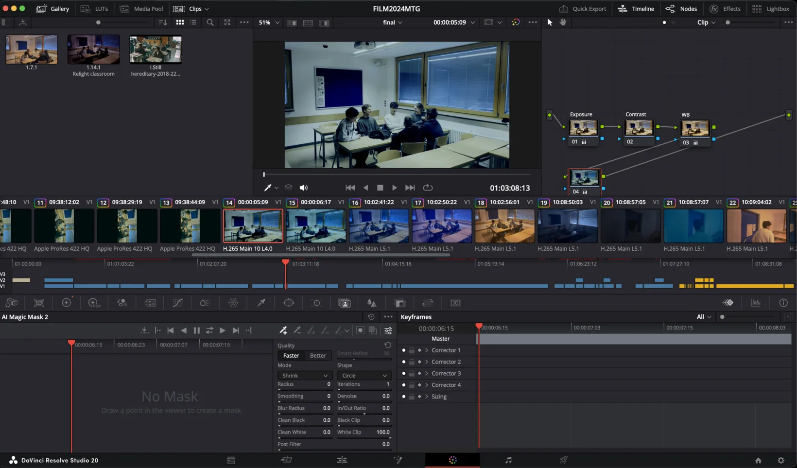 DaVinci Resolve colour page showing a classroom shot and separate exposure, contrast and white-balance correction nodes