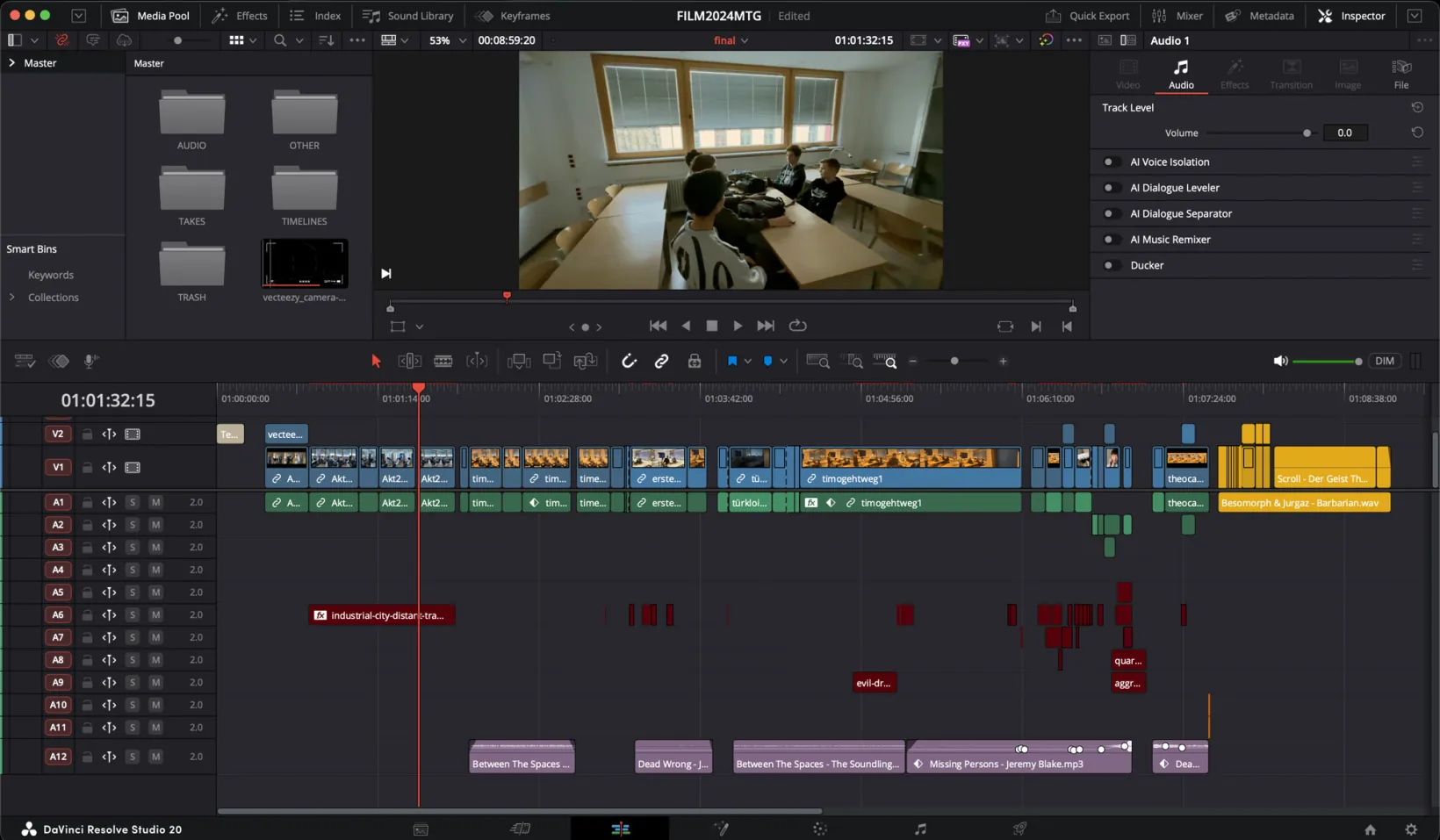 DaVinci Resolve edit page showing the final film split across video, dialogue, sound-effect and music tracks