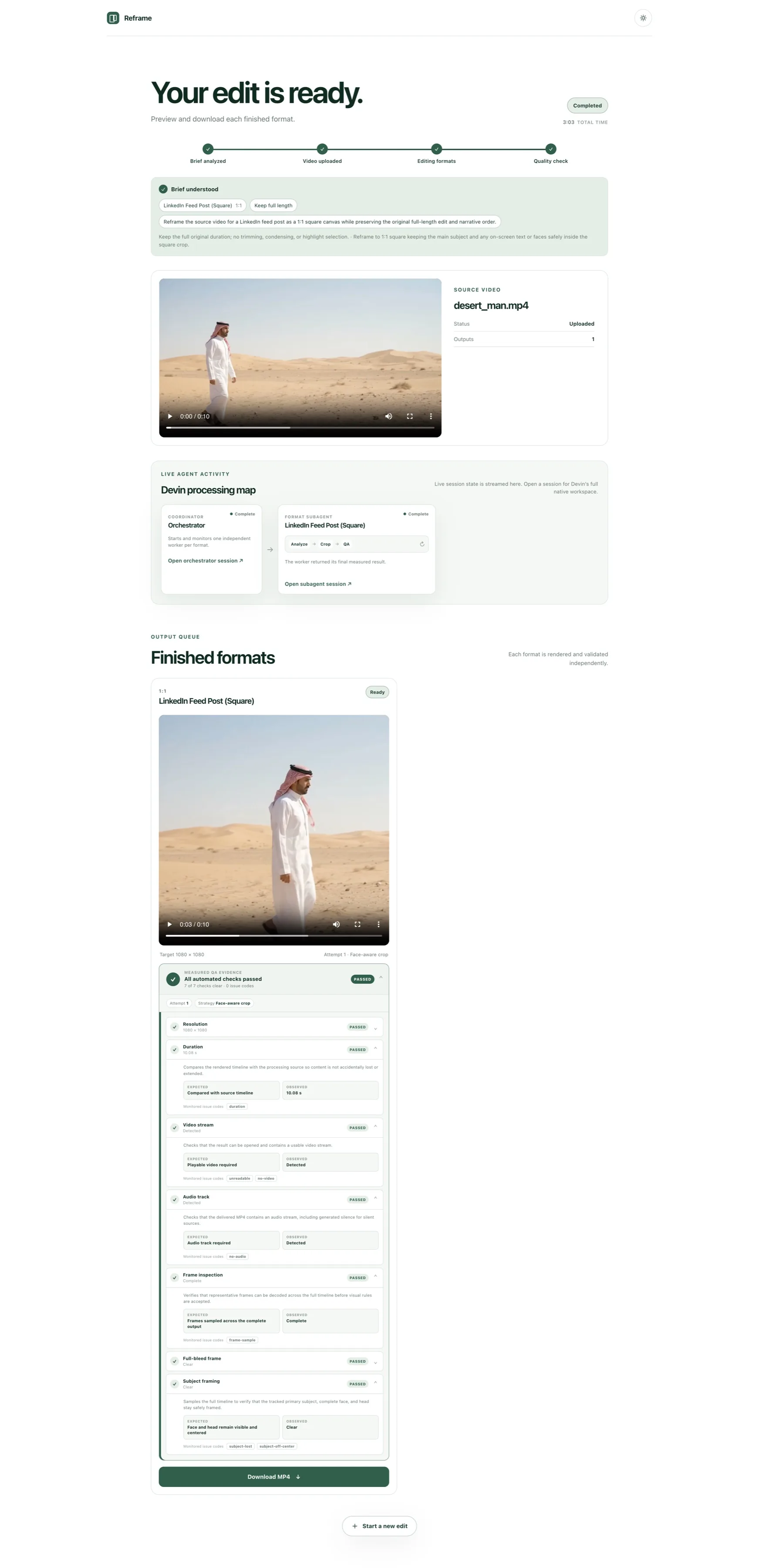 Reframe results screen showing a completed video crop and its automated quality checks