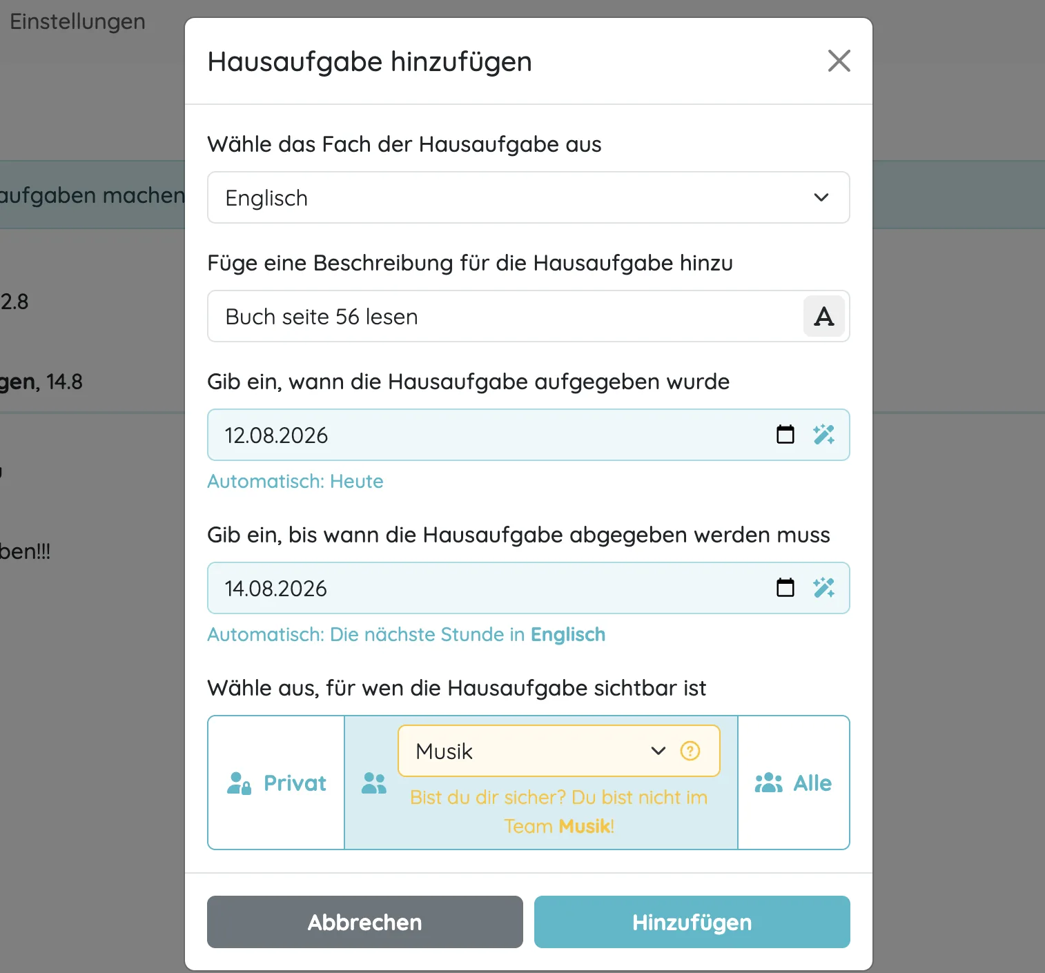 Example modal when adding homework with team selection and automatic suggestions