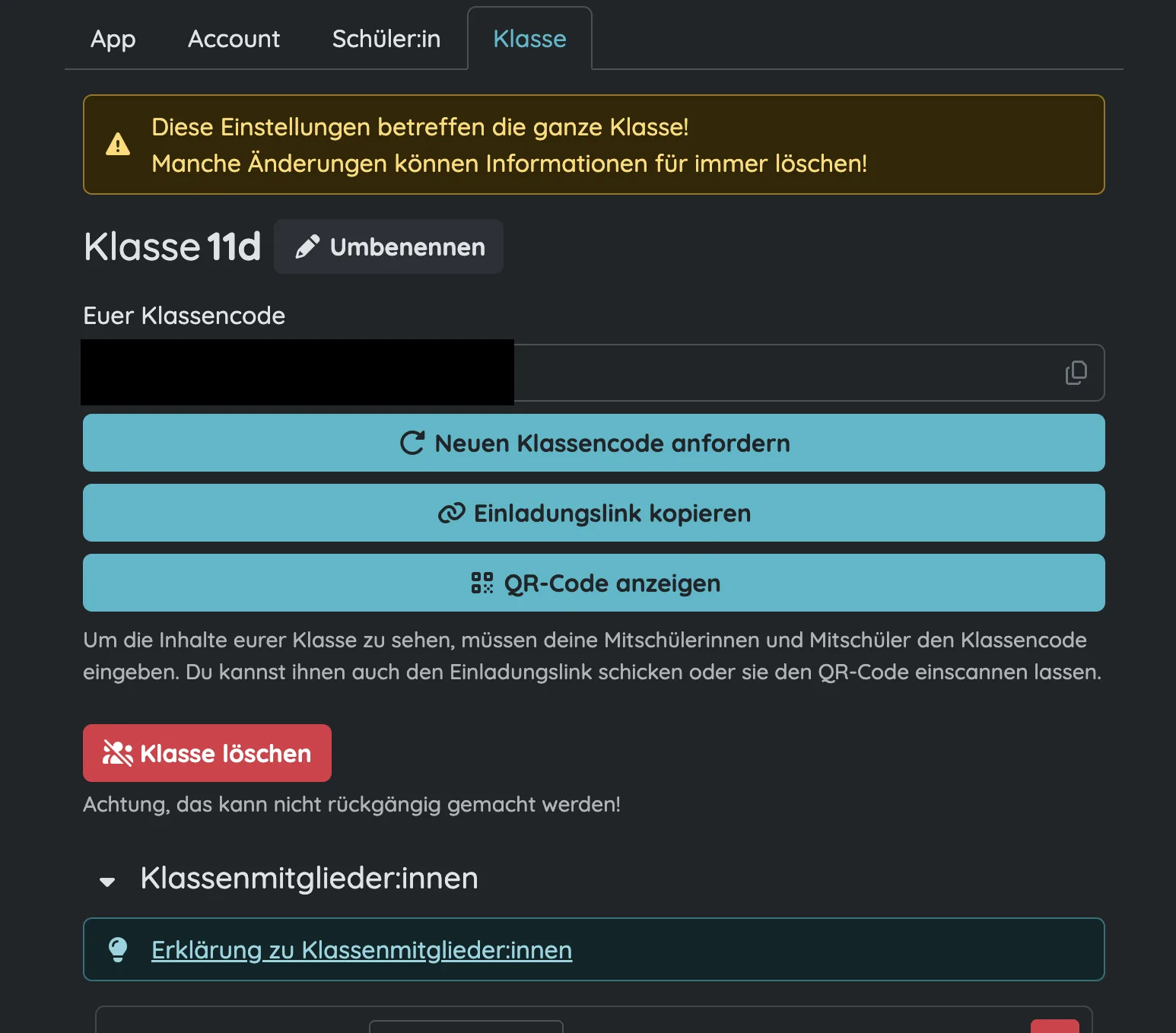 Class settings page with class code, invite link, QR code and class member management